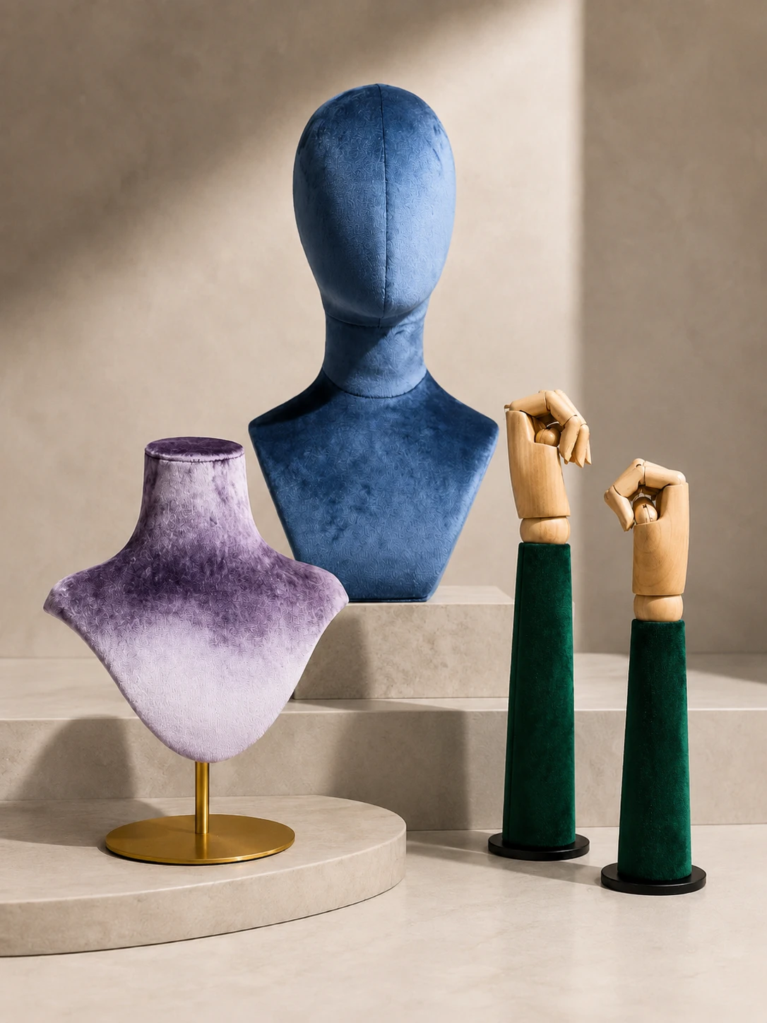 Custom display heads, hands and bases used for luxury visual merchandising