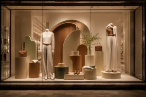 Visual-Merchandising-Team mit wiederverwendbaren Schaufensterpuppen und Einzelhandelspräsentationsmöbeln