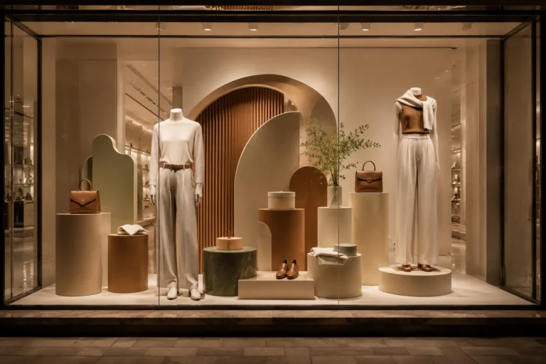 Visual merchandising team using reusable mannequins and retail display fixtures