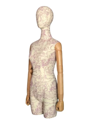 Embroidered Fabric Female Half-Body Mannequin with Wooden Arms, angled view