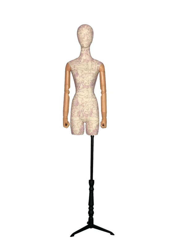 Embroidered Fabric Female Half-Body Mannequin with Wooden Arms, close-up detail