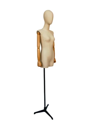 Fabric Female Half-Body Mannequin with Beech Wood Arms, angled view
