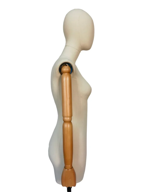 xintu-fabric-half-body-female-beech-arms-03-side.webp Fabric Female Half-Body Mannequin with Beech Wood Arms, side view