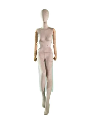 Beige Fabric Female Seated Mannequin with Wooden Arms, front view