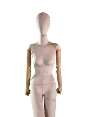 Beige Fabric Female Seated Mannequin with Wooden Arms, front view