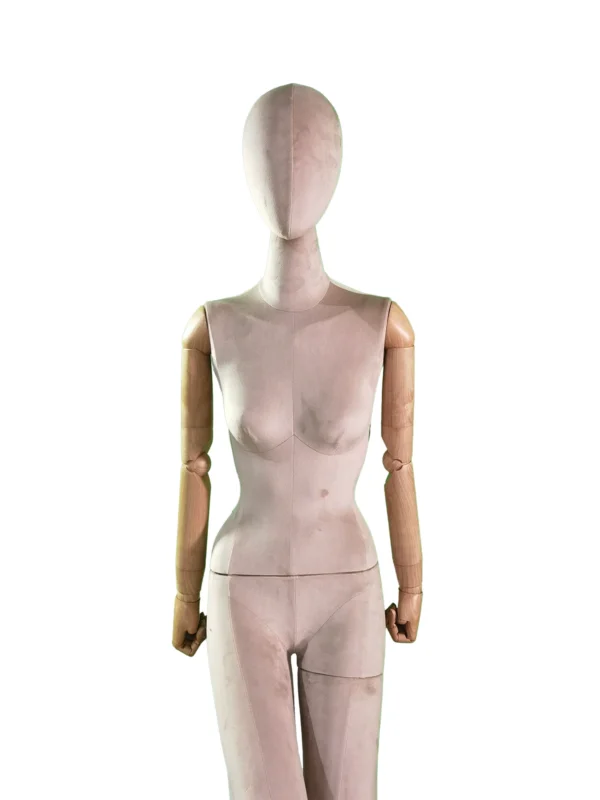 xintu-fabric-seated-female-02-front.webp Beige Fabric Female Seated Mannequin with Wooden Arms, front view