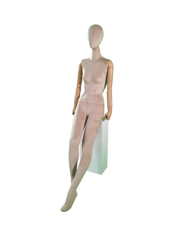 xintu-fabric-seated-female-03-angled.webp Beige Fabric Female Seated Mannequin with Wooden Arms, angled view