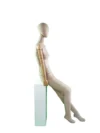 xintu-fabric-seated-female-04-side.webp Beige Fabric Female Seated Mannequin with Wooden Arms, side view