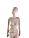 xintu-fabric-seated-female-05-detail.webp Beige Fabric Female Seated Mannequin with Wooden Arms, close-up detail