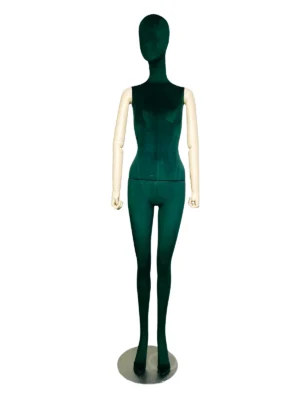 Green velvet full-body female mannequin with custom finish