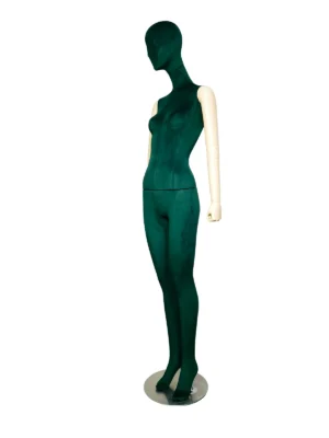 Green Velvet Female Full-Body Mannequin with White Arms, angled view