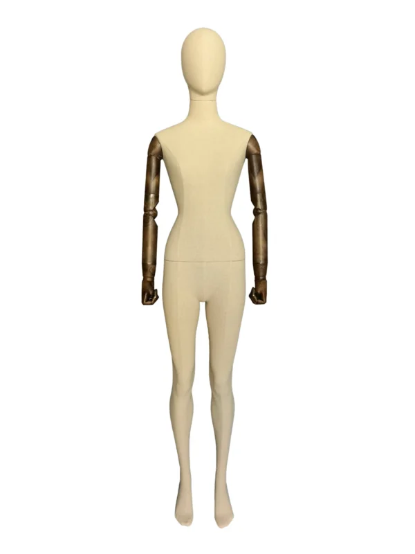 xintu-linen-full-body-female-01-front.webp Linen Female Full-Body Mannequin with Wooden Arms, front view