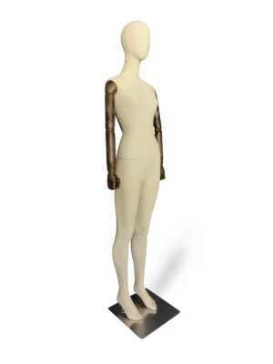 Linen Female Full-Body Mannequin with Wooden Arms, angled view
