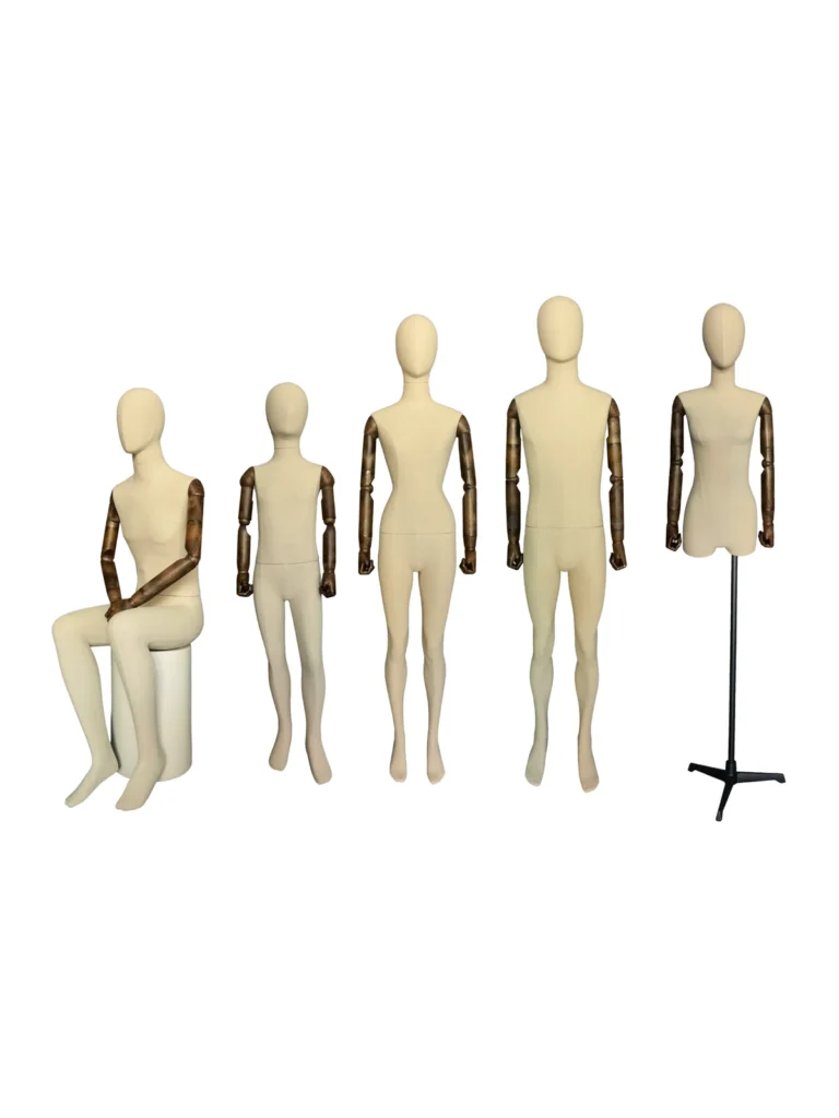 Linen fabric-covered female dress forms for fashion retail display