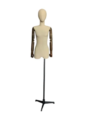 Linen Female Half-Body Mannequin, Wooden Arms, Tripod Base, front view
