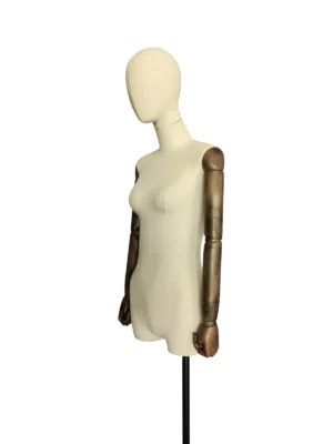 Linen Female Half-Body Mannequin, Wooden Arms, Tripod Base, angled view