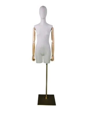 xintu-linen-half-body-female-gold-base-01-front.webp Linen Female Half-Body Mannequin, Wooden Arms, Gold Base, front view