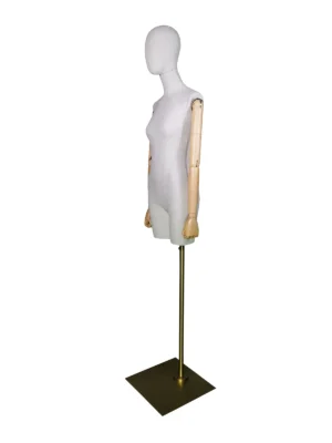 Linen Female Half-Body Mannequin, Wooden Arms, Gold Base, angled view