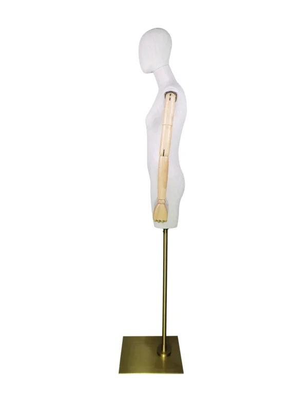 Linen Female Half-Body Mannequin, Wooden Arms, Gold Base, side view