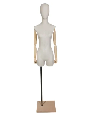 Linen Female Half-Body Mannequin, Wooden Arms, Square Wood Base, front view