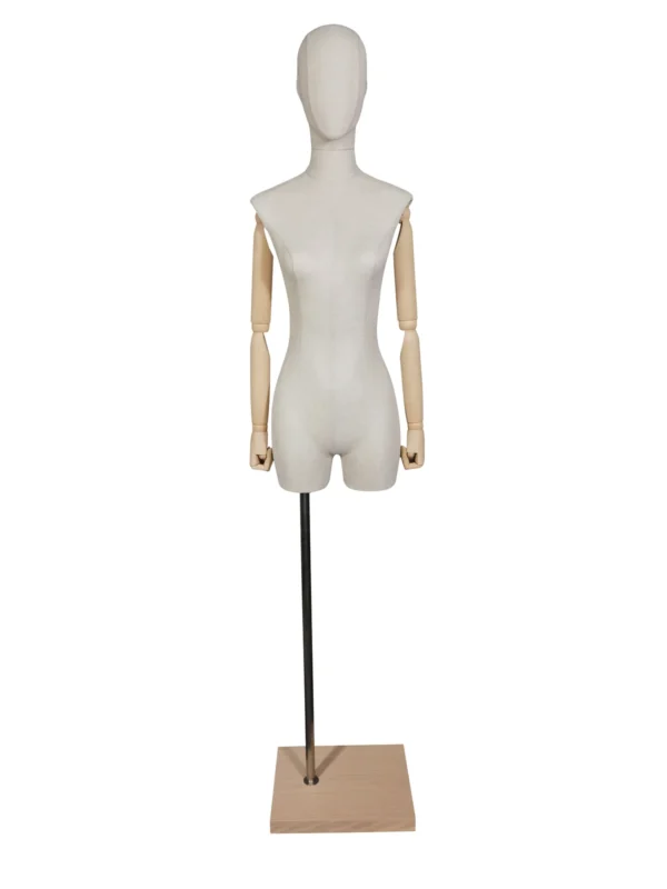 xintu-linen-half-body-female-square-wood-base-01-front.webp 亞麻質女款半身模特,木製手臂,方形木質底座,正面視角