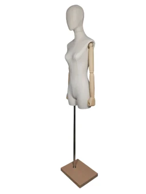 Linen Female Half-Body Mannequin, Wooden Arms, Square Wood Base, angled view