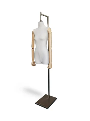 Linen Female Half-Body Mannequin with Hanging Wooden Arms, angled view