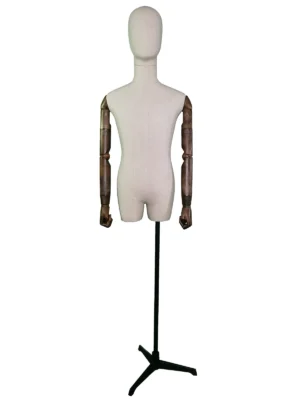 Linen Male Half-Body Mannequin, Wooden Arms, Tripod Base, front view