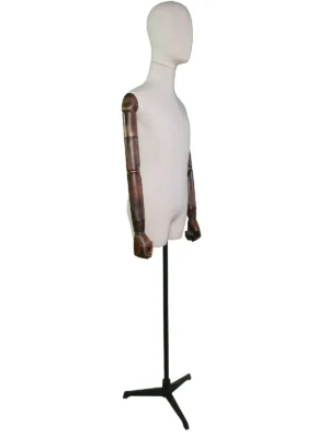 Linen Male Half-Body Mannequin, Wooden Arms, Tripod Base, angled view