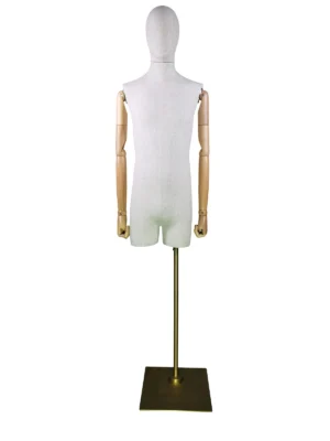 xintu-linen-half-body-male-gold-base-01-front.webp Linen Male Half-Body Mannequin, Wooden Arms, Gold Base, front view