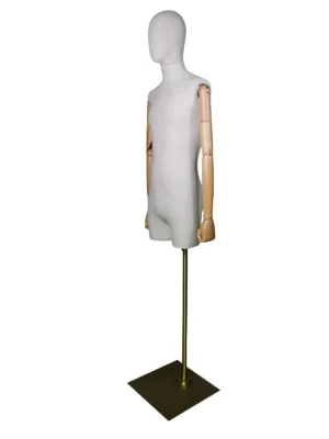 Linen Male Half-Body Mannequin, Wooden Arms, Gold Base, angled view