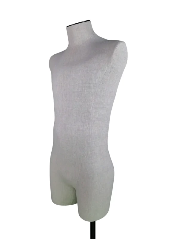 xintu-linen-headless-half-body-male-02-angled.webp Linen Male Half-Body Mannequin with Rectangular Base, angled view