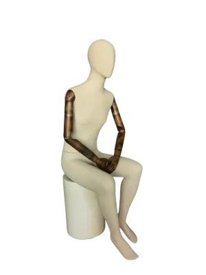 Linen Male Seated Mannequin with Adjustable Arms, angled view