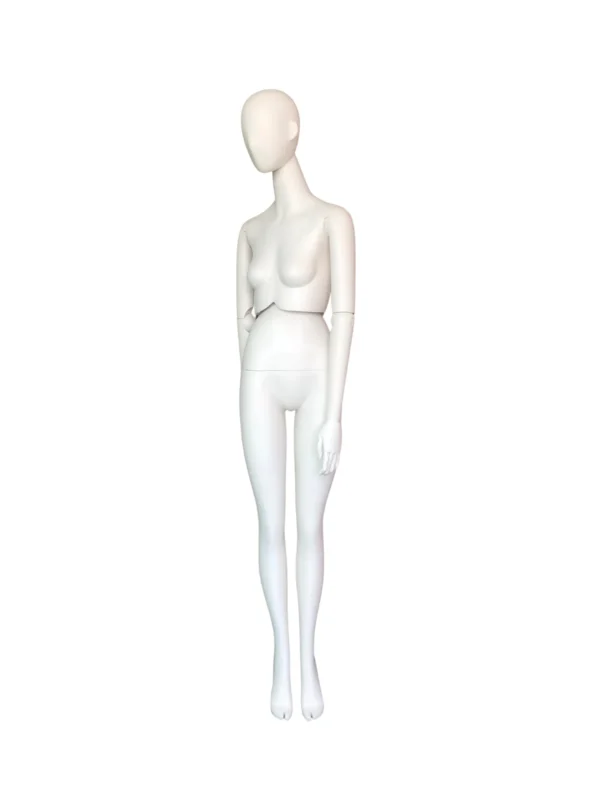 xintu-matte-white-rotatable-waist-full-body-female-02-angled.webp White Matte Female Full-Body Mannequin with Adjustable Arms, angled view