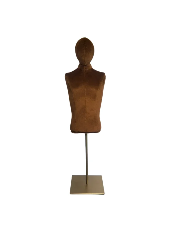 xintu-mini-tabletop-male-torso-brown-01-front.webp Multi-Color Velvet Male Half-Body Mannequin with Square Base, front view
