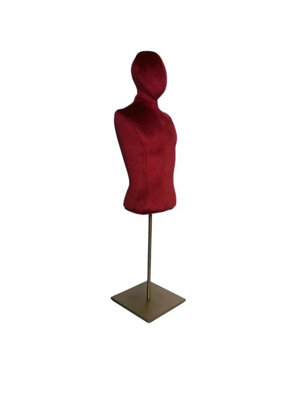 xintu-mini-tabletop-male-torso-red-08-angled.webp Multi-Color Velvet Male Half-Body Mannequin with Square Base, angled view
