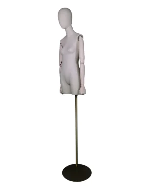 Beige Fabric Female Half-Body Mannequin with Wooden Arms, angled view