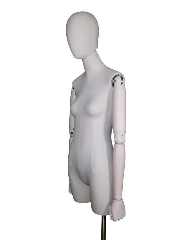 ベージュ生地製の女性用半身マネキン（木製の腕付き）