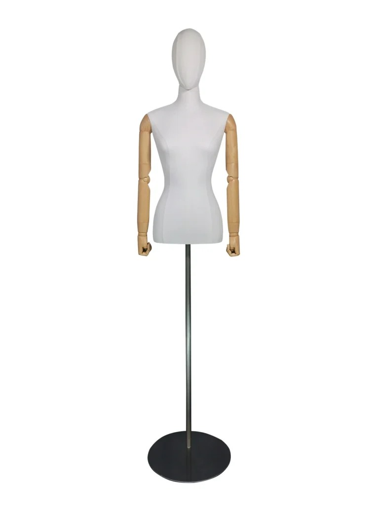 Mannequin femme demi-corps en tissu haut de gamme, socle rond argenté, vue de face