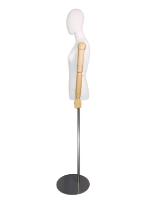 Premium Fabric Female Half-Body Mannequin, Silver Round Base, angled view