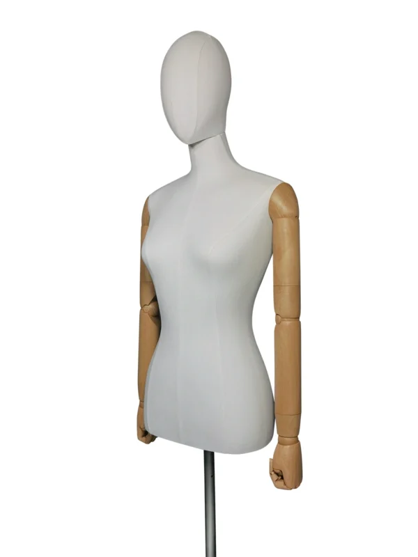 xintu-premium-fabric-half-body-female-silver-round-base-04-detail.webp Premium Fabric Female Half-Body Mannequin, Silver Round Base, close-up detail