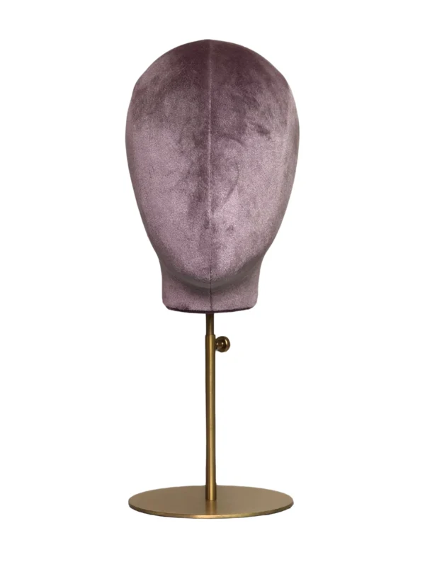 xintu-purple-velvet-display-head-01-front.webp Purple Velvet Female Display Head with Gold Base, front view