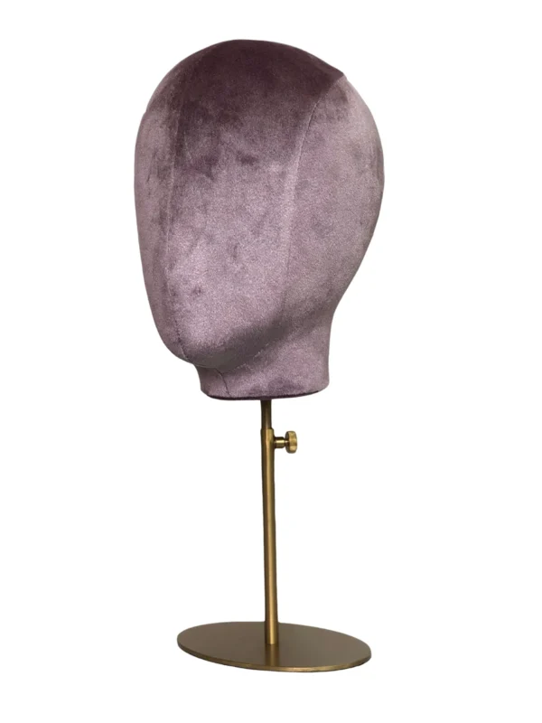 xintu-purple-velvet-display-head-02-angled.webp Purple Velvet Female Display Head with Gold Base, angled view