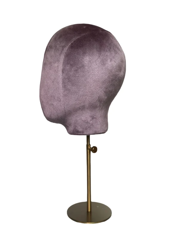xintu-purple-velvet-display-head-03-side.webp Purple Velvet Female Display Head with Gold Base, side view