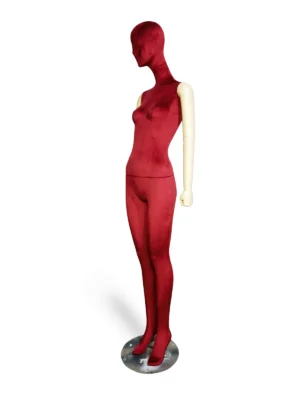 Red Velvet Female Full-Body Mannequin with White Arms, angled view