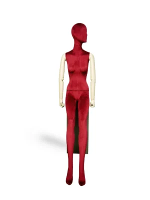 Red Velvet Female Seated Mannequin with White Arms, front view
