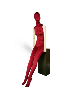 Red Velvet Female Seated Mannequin with White Arms, angled view