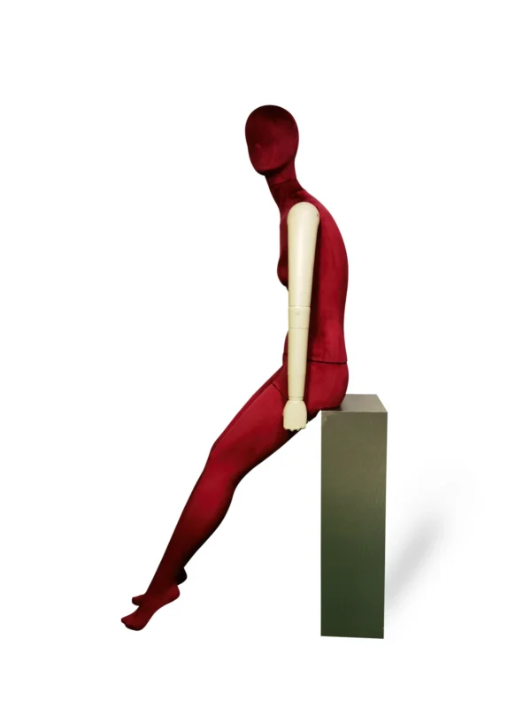 xintu-red-velvet-seated-female-03-side.webp Red Velvet Female Seated Mannequin with White Arms, side view