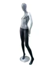xintu-striped-fabric-full-body-female-02-angled.webp Mehrfarbig gestreiftes Stoff‑Frauen‑Ganzkörper‑Mannequin, schräge Ansicht