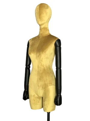 xintu-turmeric-velvet-half-body-female-01-side.webp Turmeric Velvet Female Half-Body Mannequin with Wooden Arms, side view